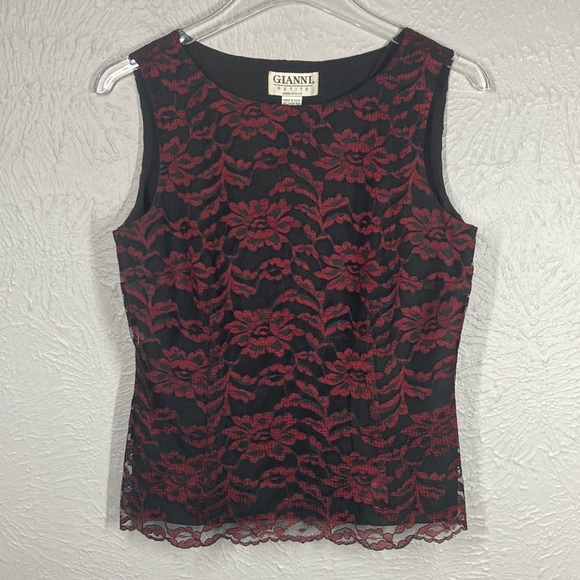 Gianni Tops - Gianni Petite Red & Black Lace Sleeveless Top Women's Size 8 - MADE IN U…